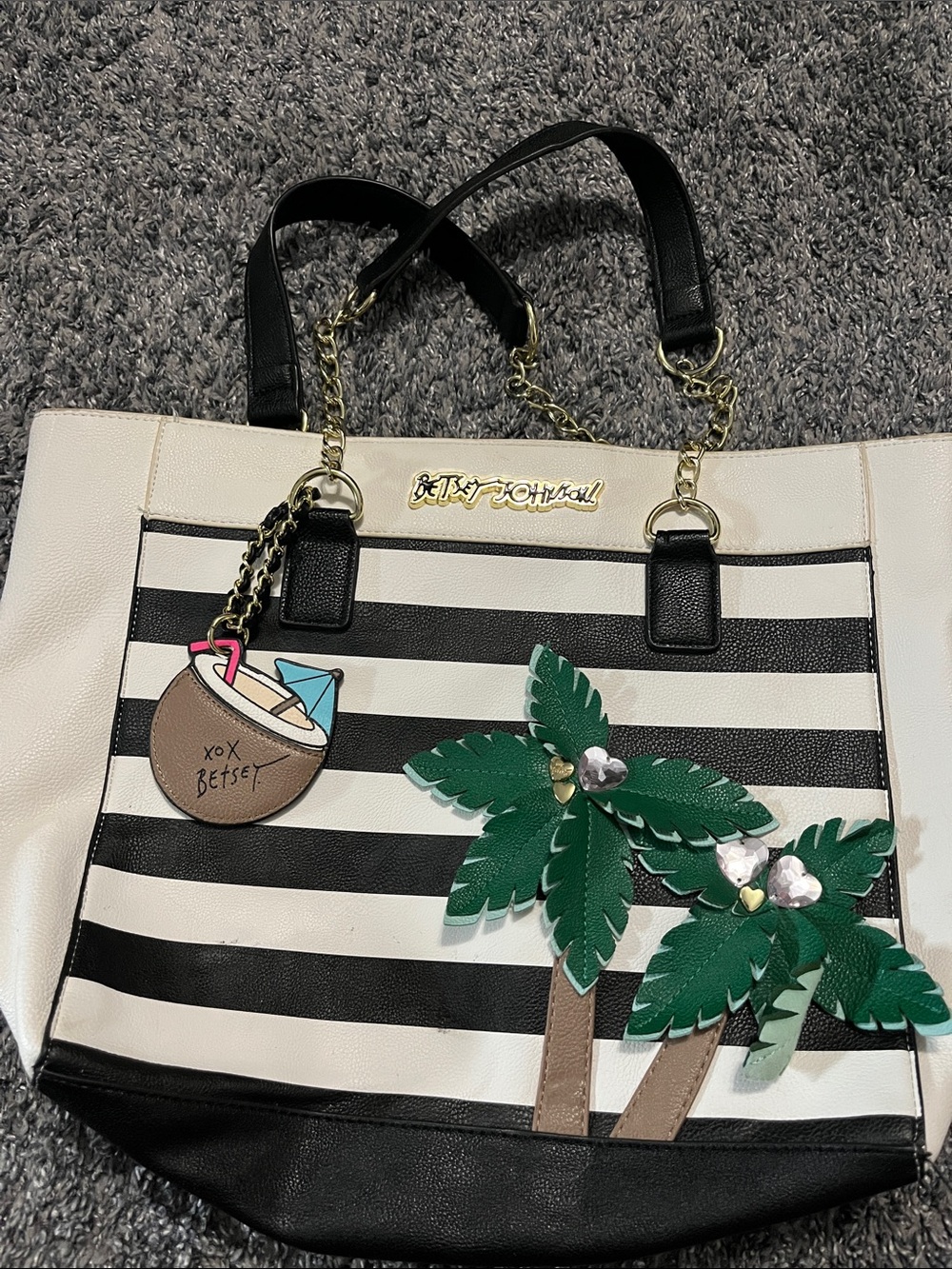 Betsey Johnson Black & White Striped Tote with Green Palm Appliqués